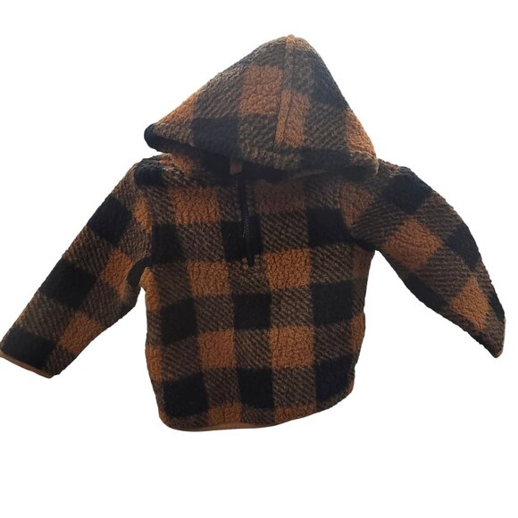 Old Navy Toddler Hooded Pullover Jacket 18-24M Brown & Black Plaid Polyester - Picture 2 of 5